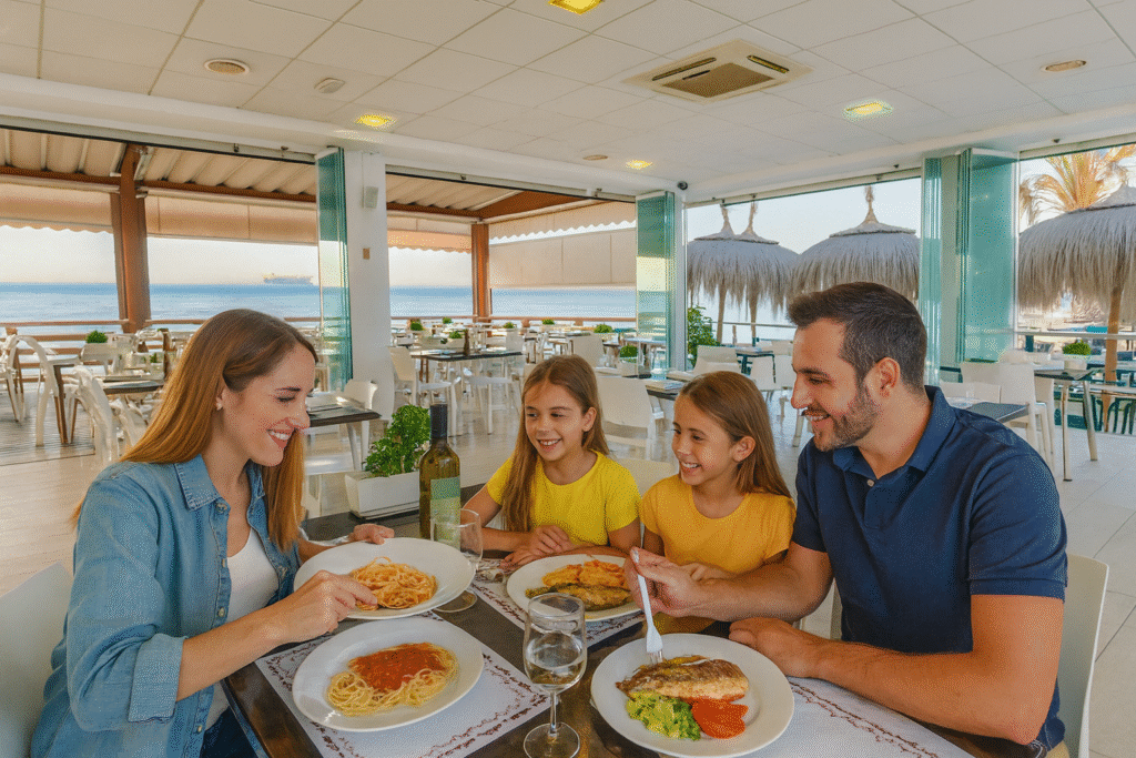 Familia comiendo pescado frito y paella en la terraza de Chiringuito Picasso, uno de los mejores restaurantes familiares en Málaga