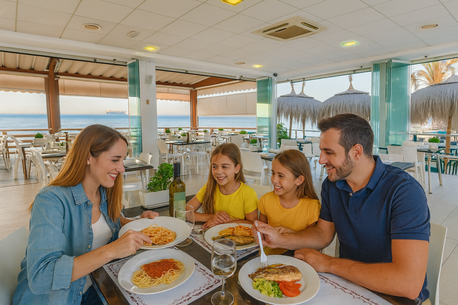 Familia comiendo pescado frito y paella en la terraza de Chiringuito Picasso, uno de los mejores restaurantes familiares en Málaga