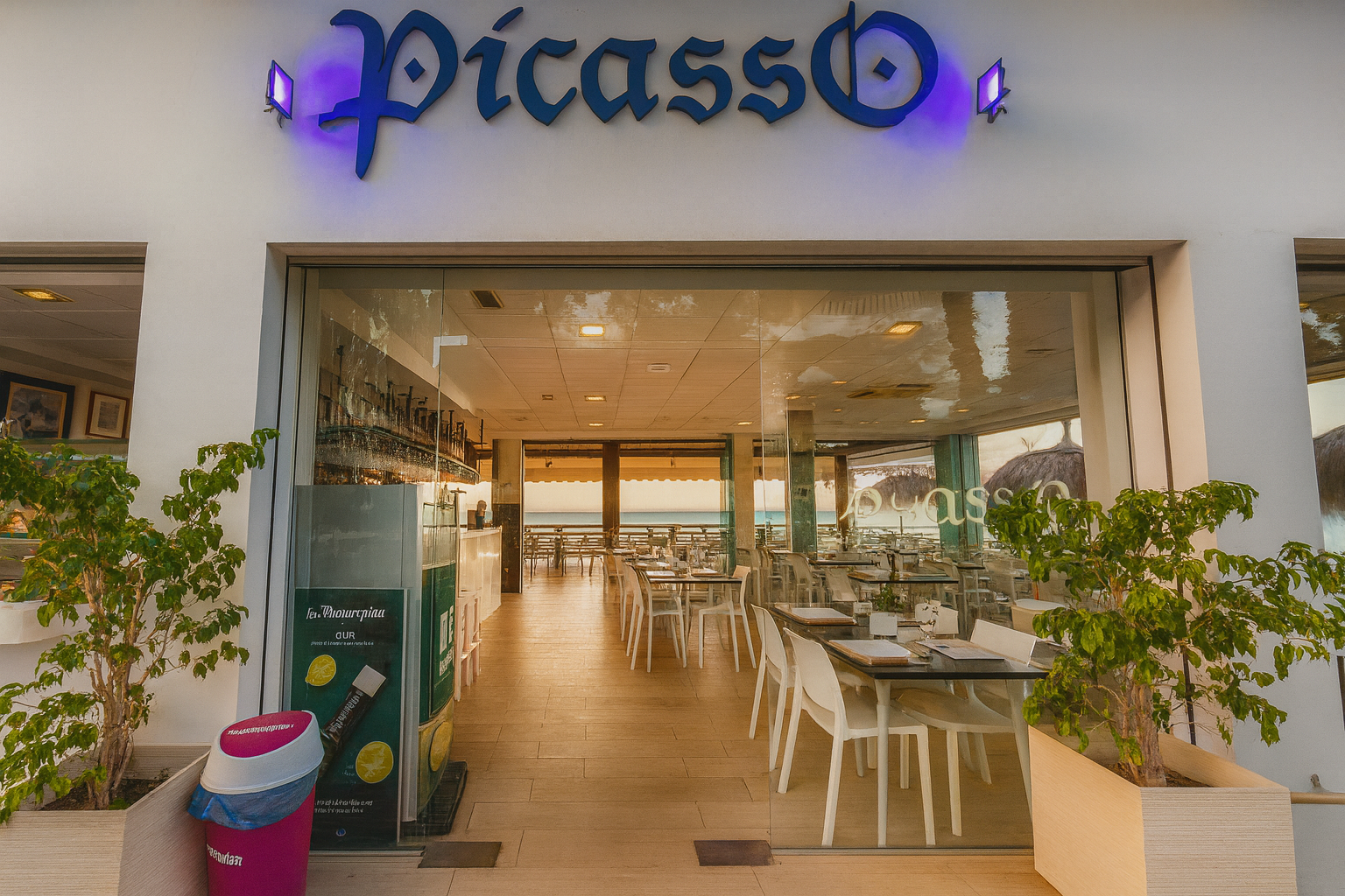 Vista de la terraza de Chiringuito Picasso con clientes. Estamos abiertos, somos uno de los restaurantes abiertos en Málaga hoy.