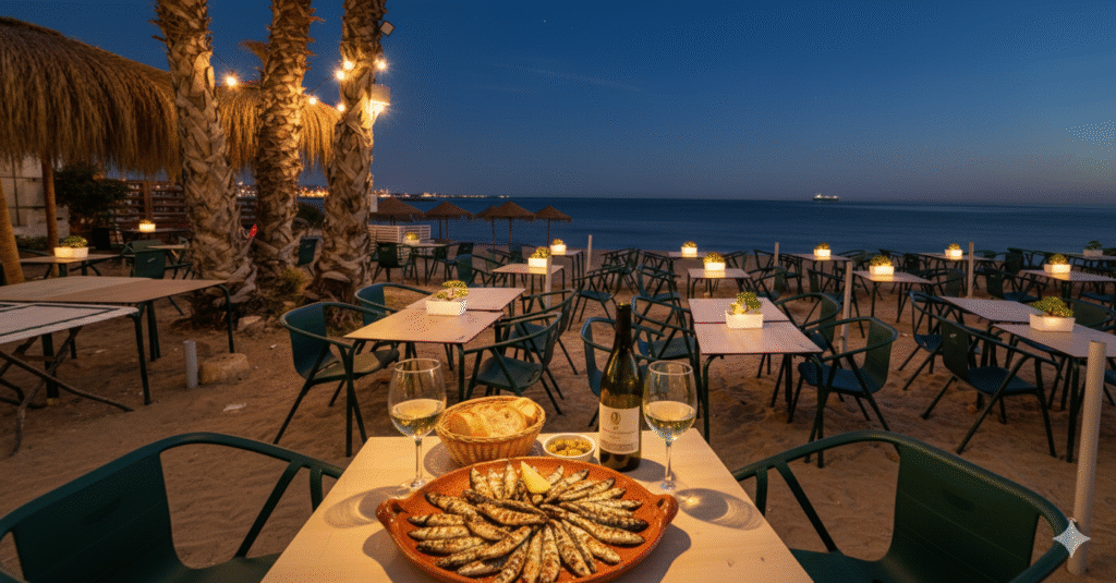 Mesa de noche con espetos y vino. Ideal para cenar en Málaga cerca de la playa en Chiringuito Picasso.