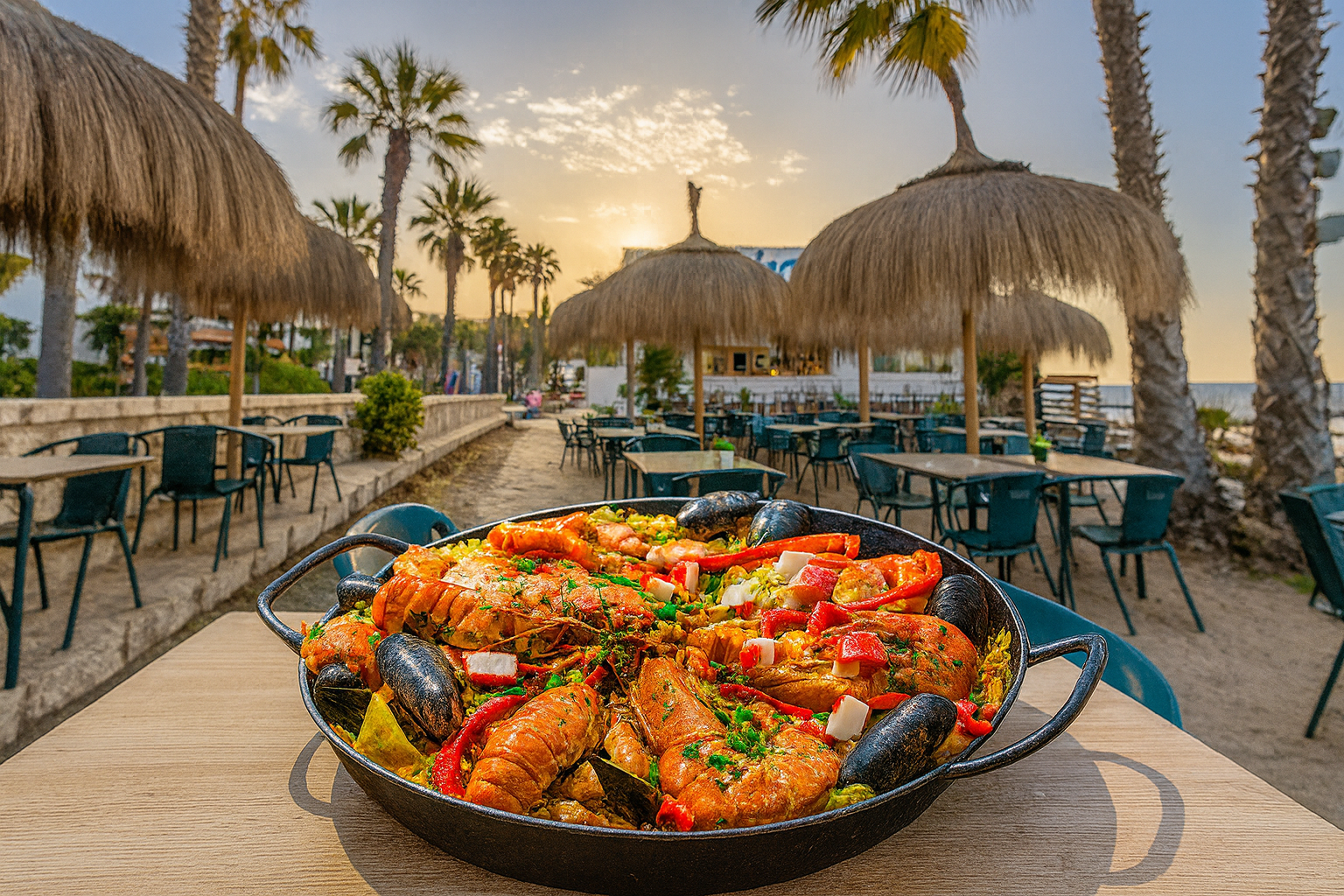 Paella de marisco y espetos en Chiringuito Picasso. El mejor sitio donde comer paella en Málaga a pie de playa.